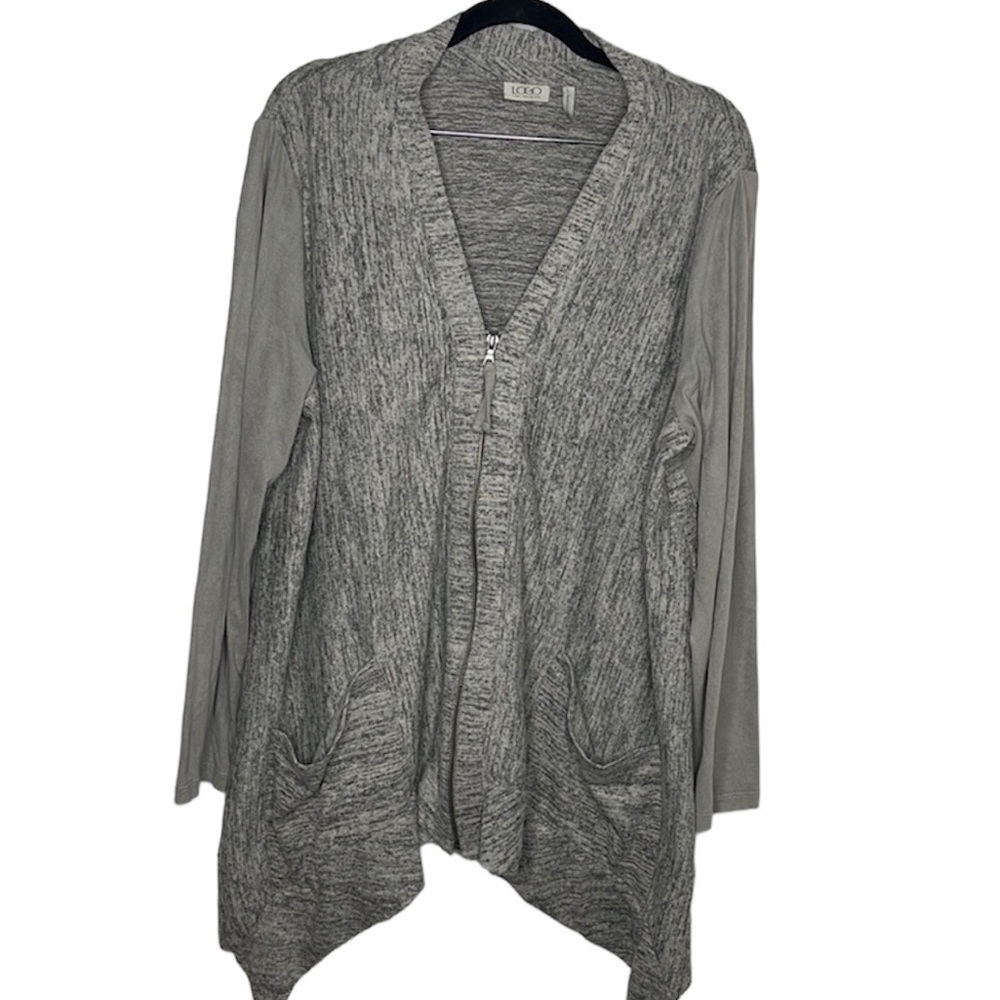 LOGO Lori Goldstein Hearthered Grey Zip Faux Suede Cardigan Sz L